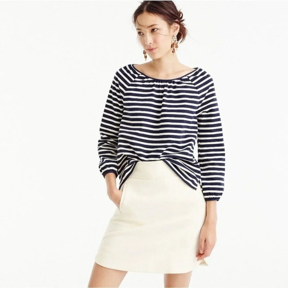 J Crew Top Small Navy White Striped Peasant Classic Nautical Coastal Vacation - Picture 1 of 15